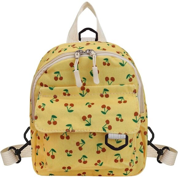 Handbags - Cute Women's Corduroy Backpack - Yellow Cherry Print Daypack Ideal for Every Day
